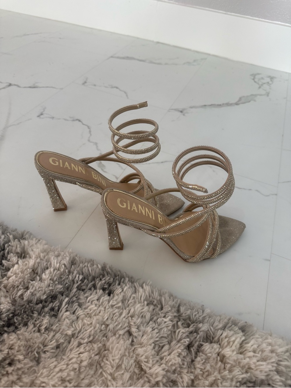 Gianni Bini Champagne Spiral-Strap Rhinestone Heels
